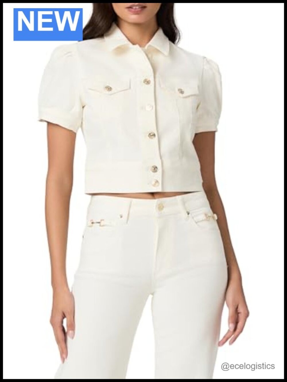 Cropped Denim Jacket with Puff Sleeves - Point Collar